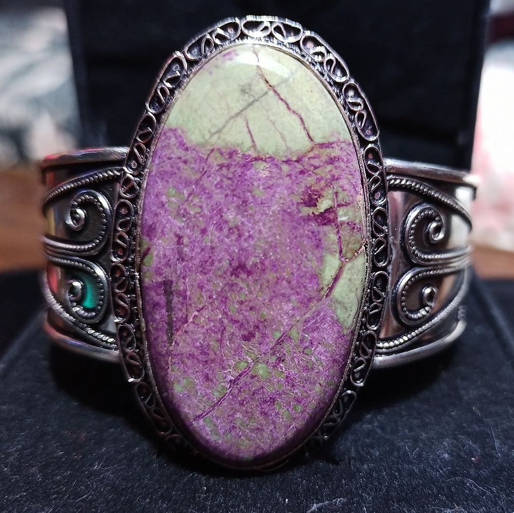 Natural Purperite Stichtite Silver Cuff Bracelet - Will Fit Larger Wrists